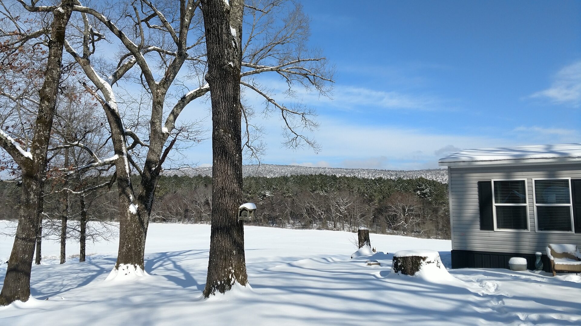 Home in snow with pasture and National Forest ridge behind